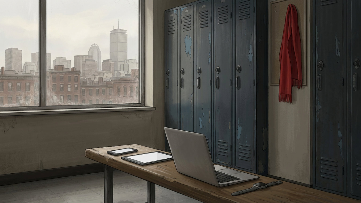 An editorial illustration of a phone, tablet, laptop and smartwatch beside closed school lockers, with Boston’s skyline visible through a window and no people, logos or text.