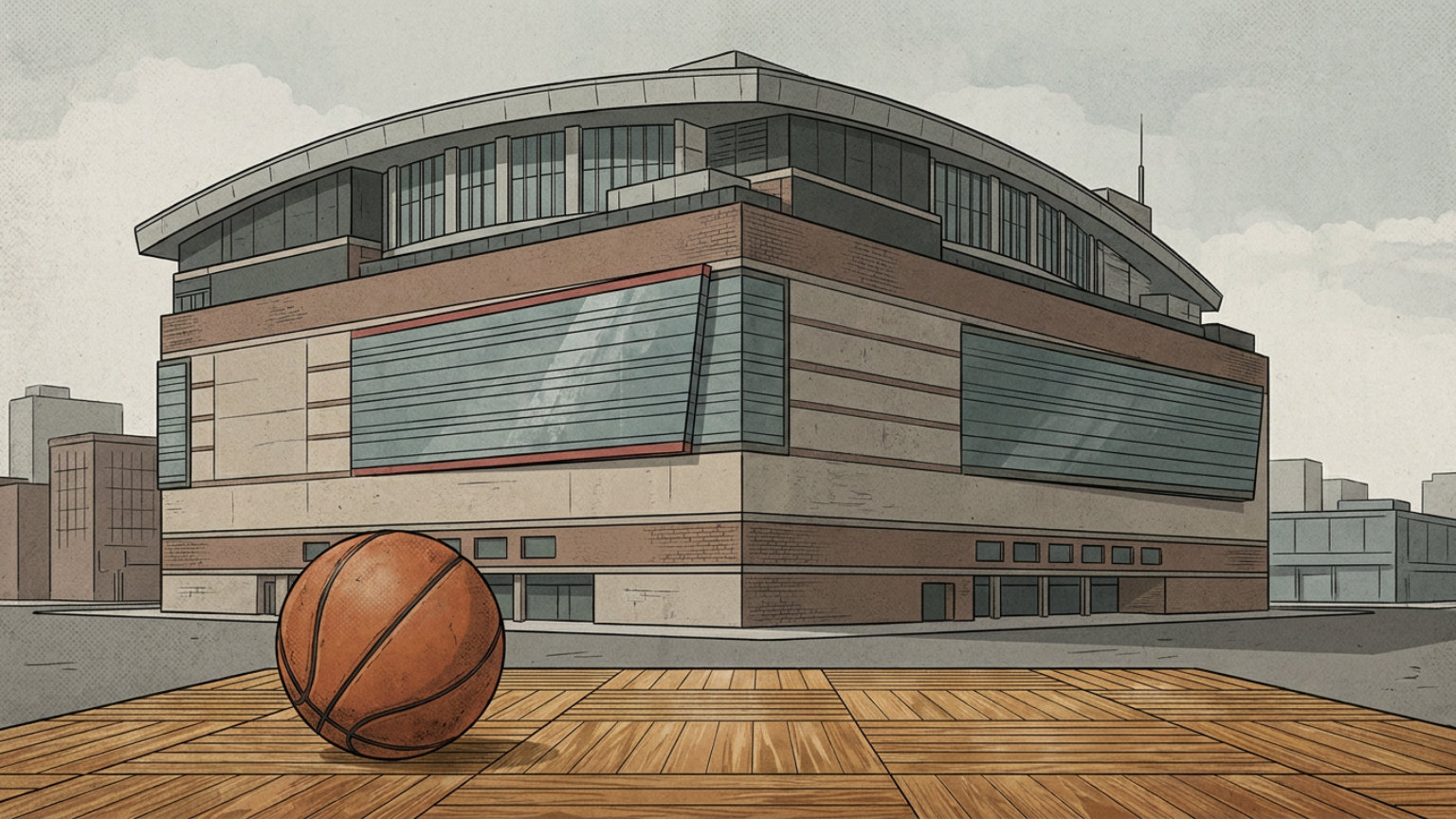 An editorial illustration of TD Garden’s exterior beside a basketball and a polished parquet-floor motif, with no people, logos or text.