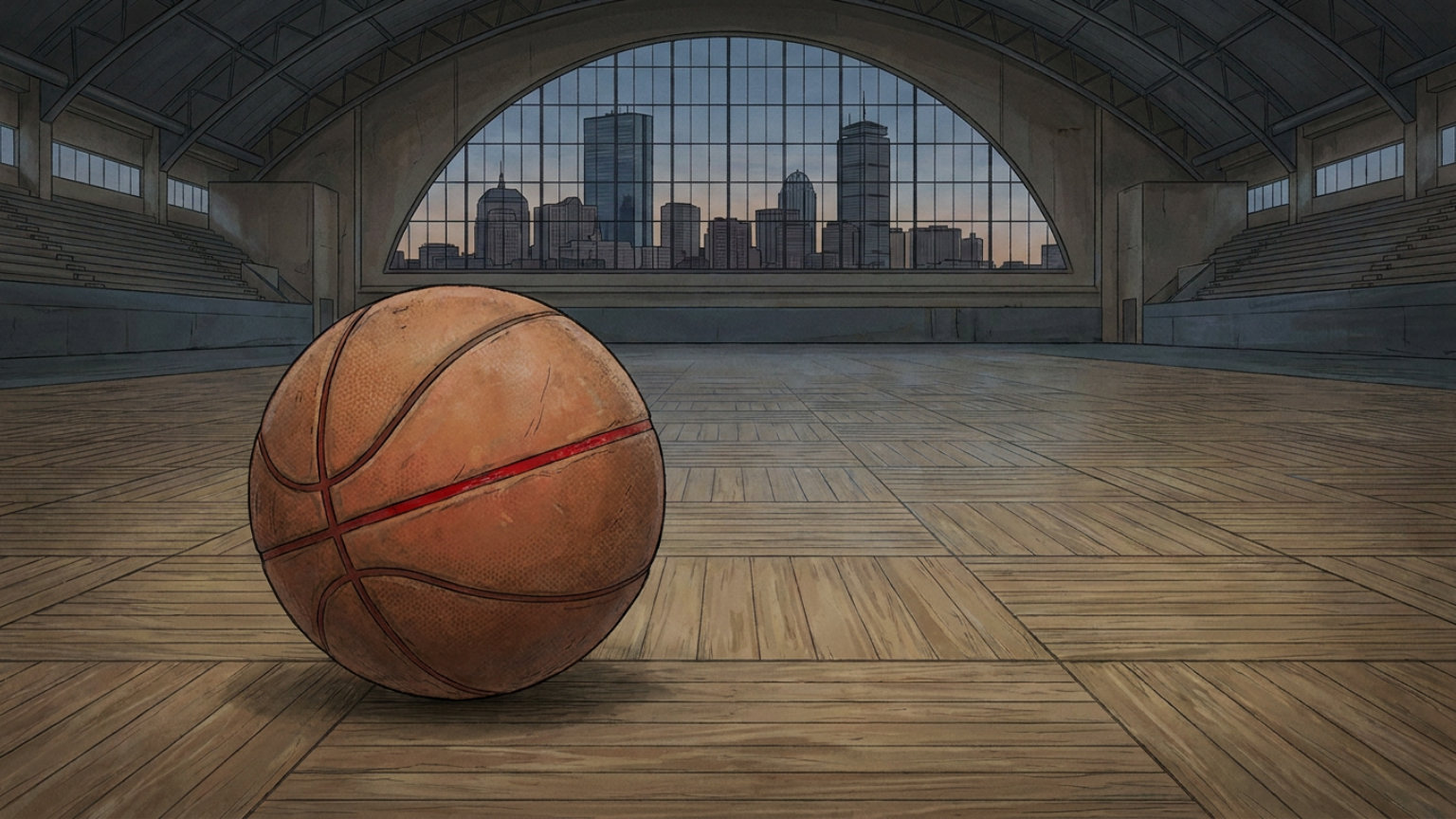An editorial illustration of a basketball on an empty parquet court with Boston’s skyline in the background, without people, logos or text.