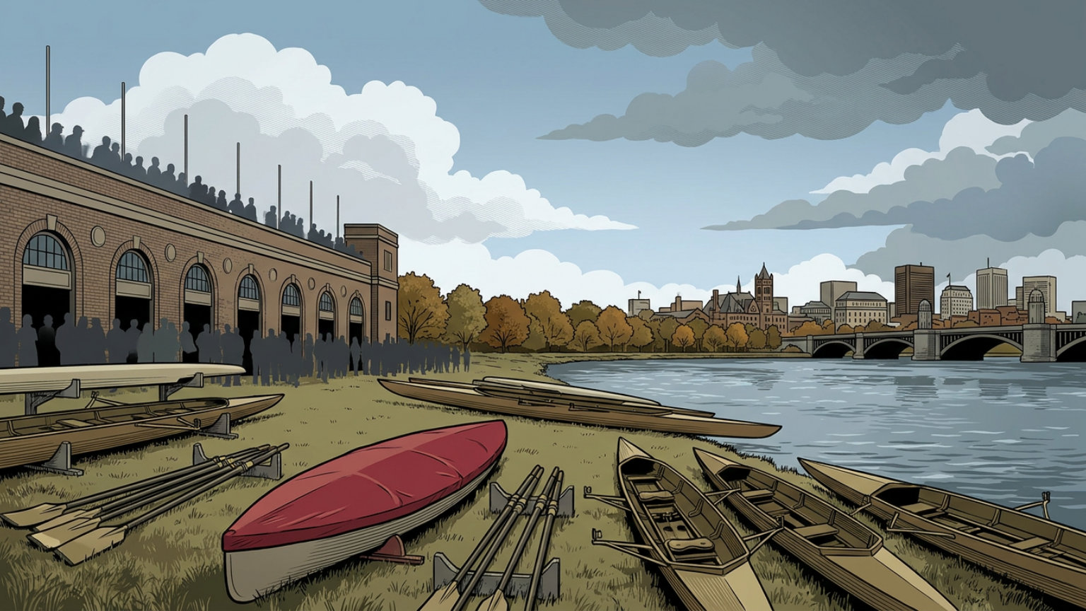 An editorial illustration of empty racing shells and oars beside the Charles River, with autumn foliage and Boston scenery under clearing skies, without people, logos or text.