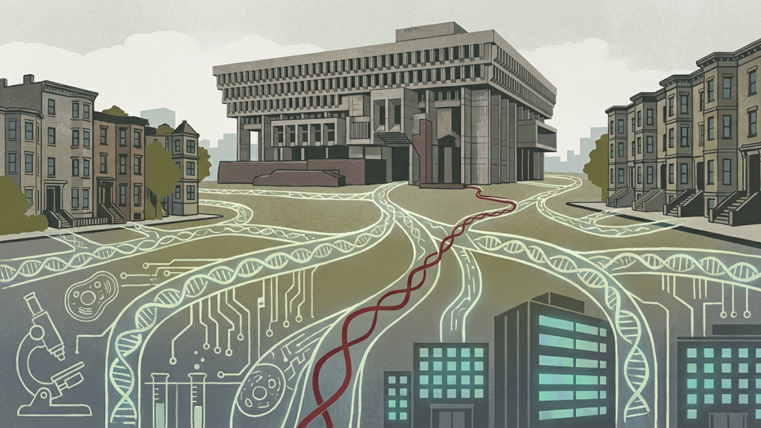 An editorial illustration of Boston City Hall and neighborhood buildings linked by branching pathways, with no people, logos or text.