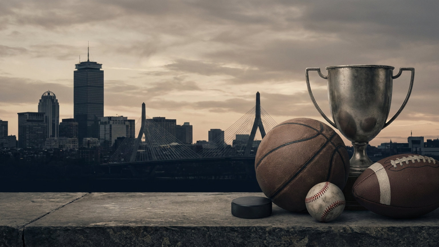 An editorial illustration of Boston’s skyline with a basketball, hockey puck, baseball and football arranged beside an unmarked trophy, with no people, logos or text.