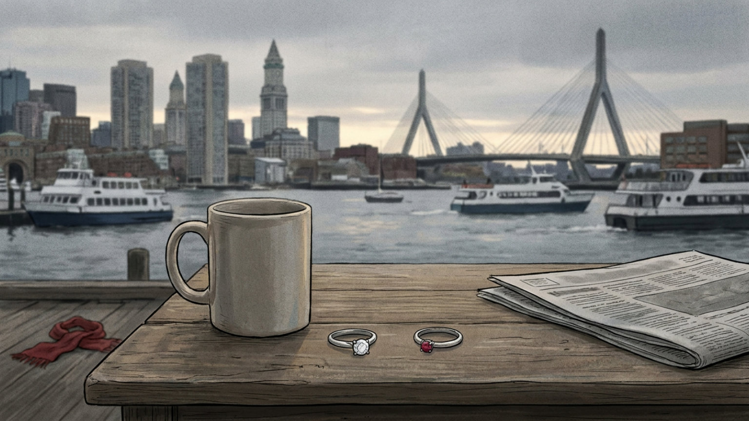 An editorial illustration of two separated engagement rings on a table overlooking Boston Harbor and the city skyline, with no people, logos or text.