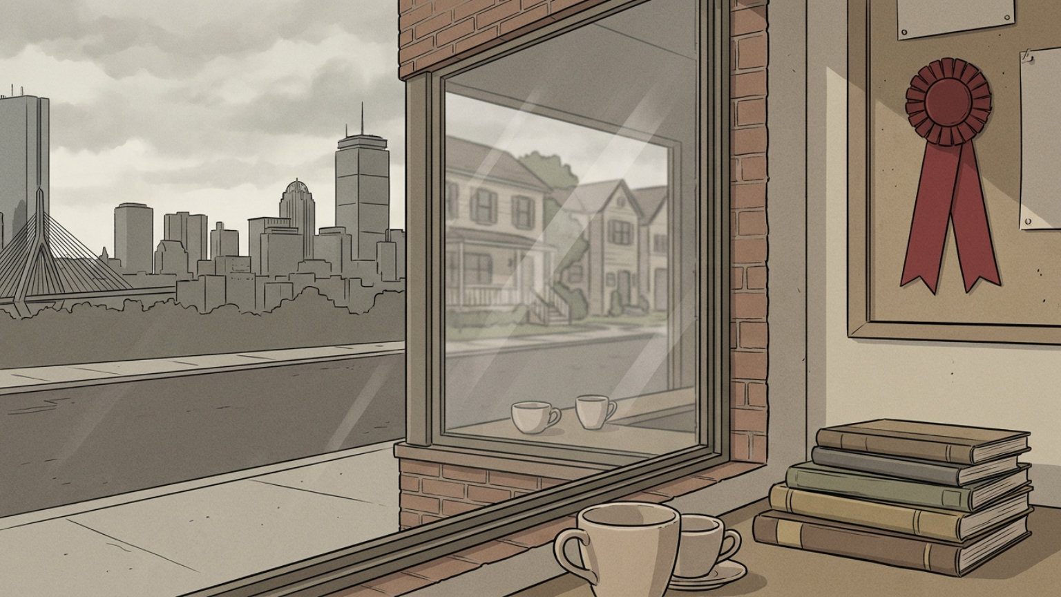 An editorial illustration of Boston’s skyline behind a neighborhood storefront, with symbolic coffee cups, books and an unmarked award ribbon, without people, logos or text.
