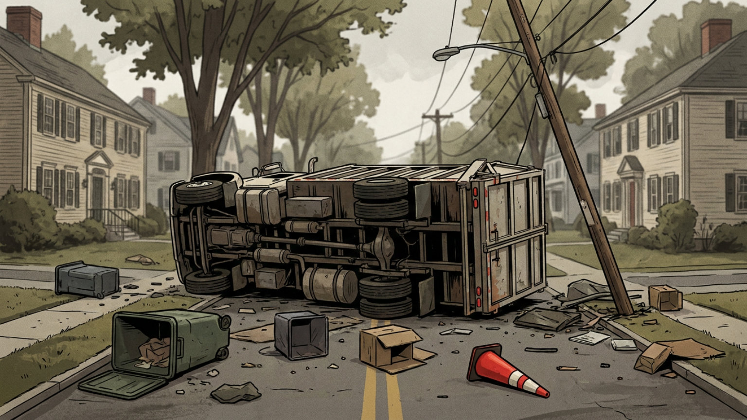 An editorial illustration of an overturned waste-hauling truck on a Lynnfield residential street, with scattered debris and a damaged utility pole, without people, logos or text.