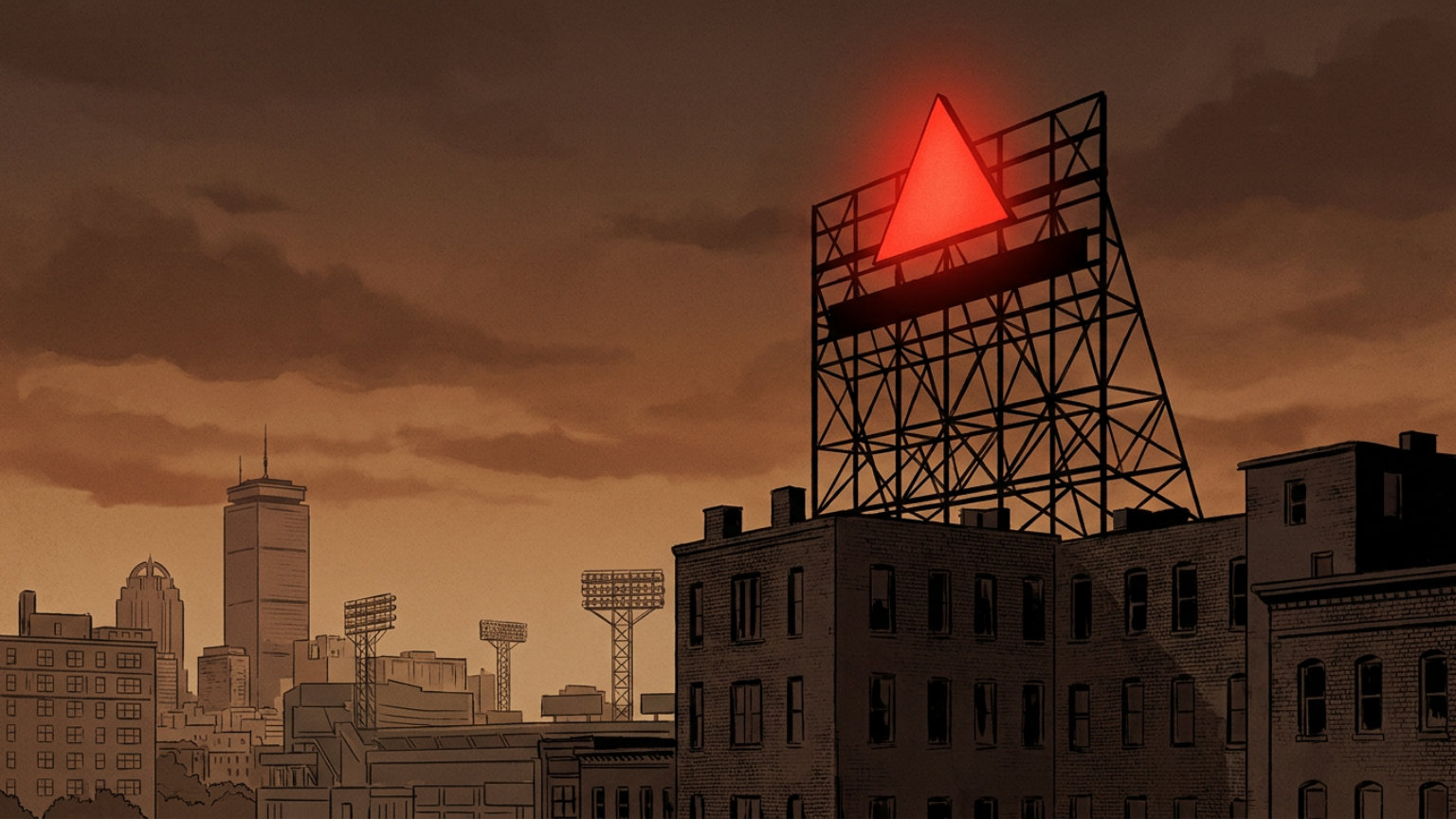 An editorial illustration of the Citgo sign’s rooftop framework and illuminated triangular shape above Kenmore Square at dusk, with no people, logos or text.