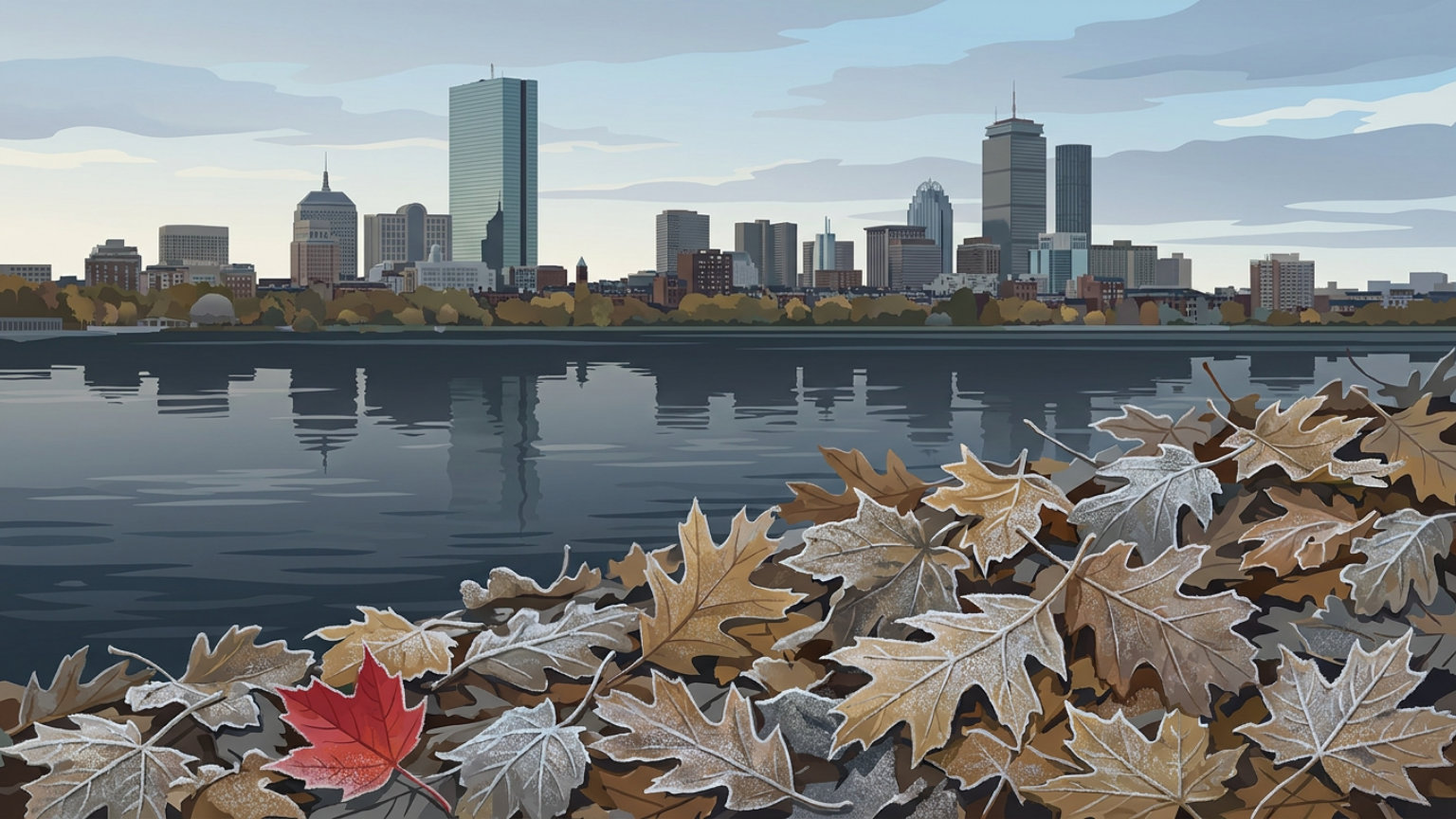 An editorial illustration of frost-covered fallen leaves beside the Charles River, with Boston’s skyline beneath a cool autumn sky, without people, logos or text.