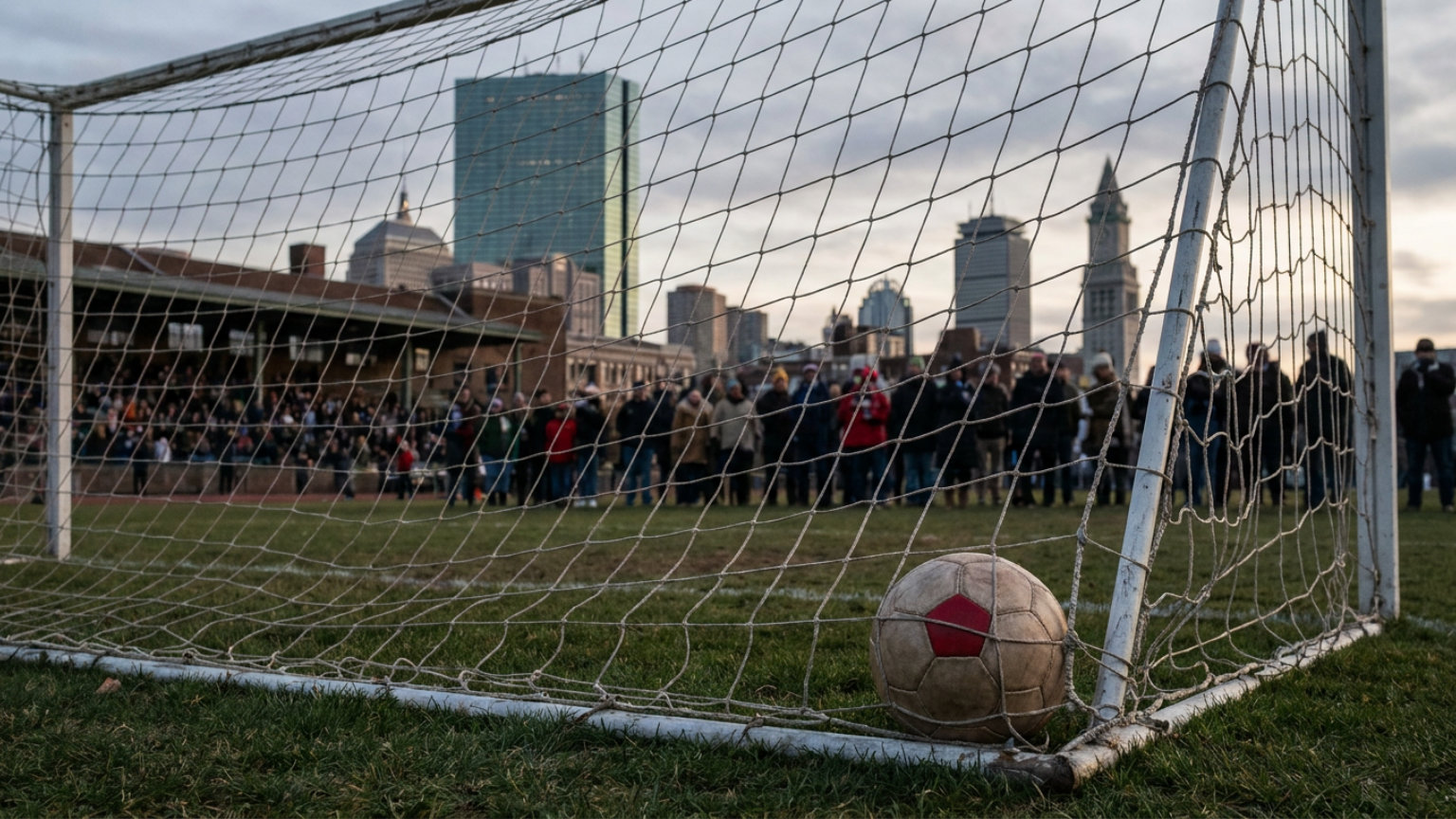 An editorial illustration of a soccer ball and goal net with Boston’s skyline in the background, without people, logos or text.