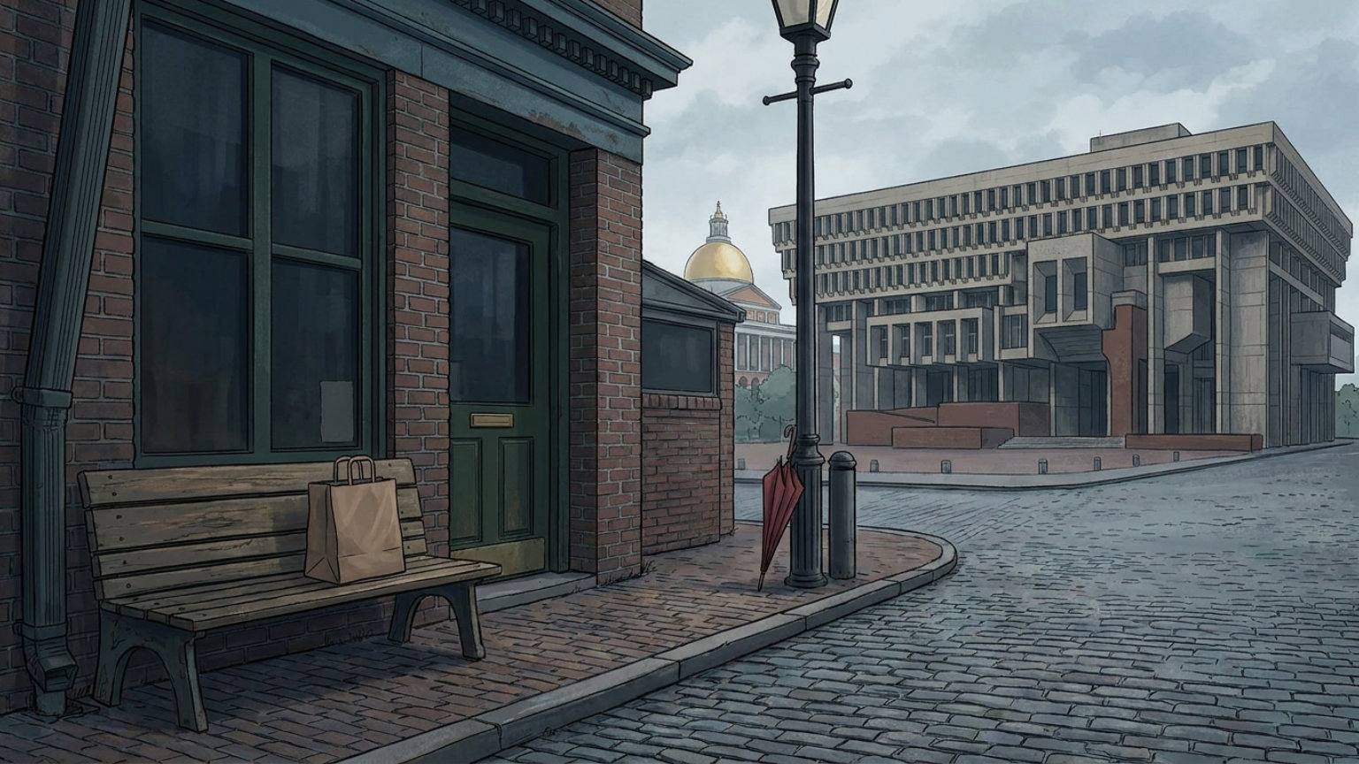 An editorial illustration of a small Boston restaurant storefront with a takeout bag beside its doorway and City Hall in the background, with no people, logos or text.