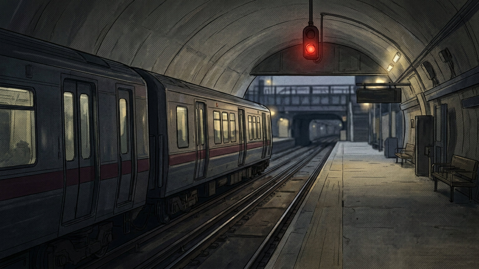An editorial illustration of an unlit commuter rail car on tunnel tracks approaching a Boston station platform, with no people, logos or text.