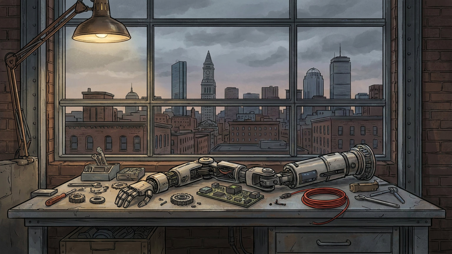 An editorial illustration of robotic components on an industrial workbench with the Boston skyline in the background, without people, logos or text.