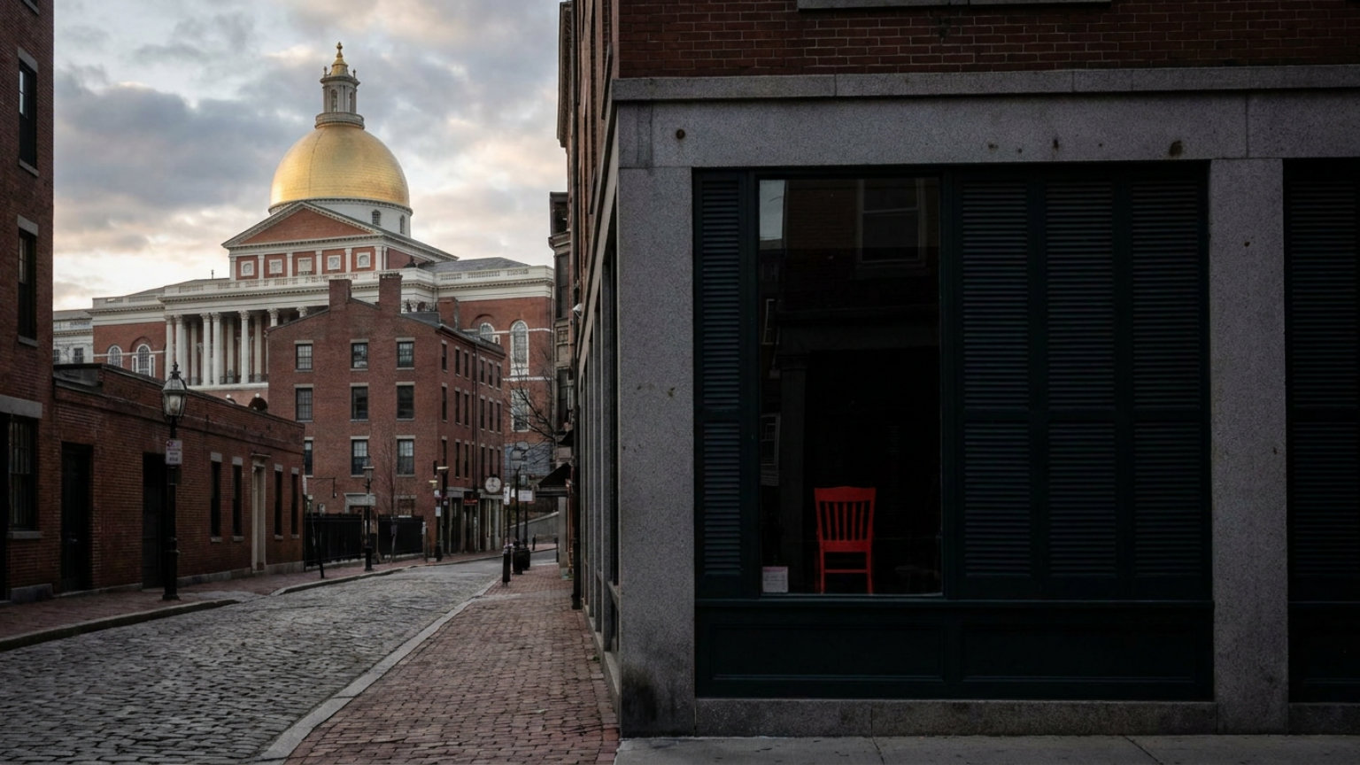 An editorial illustration pairing the Massachusetts State House’s golden dome with an empty restaurant storefront, without people, logos or text.
