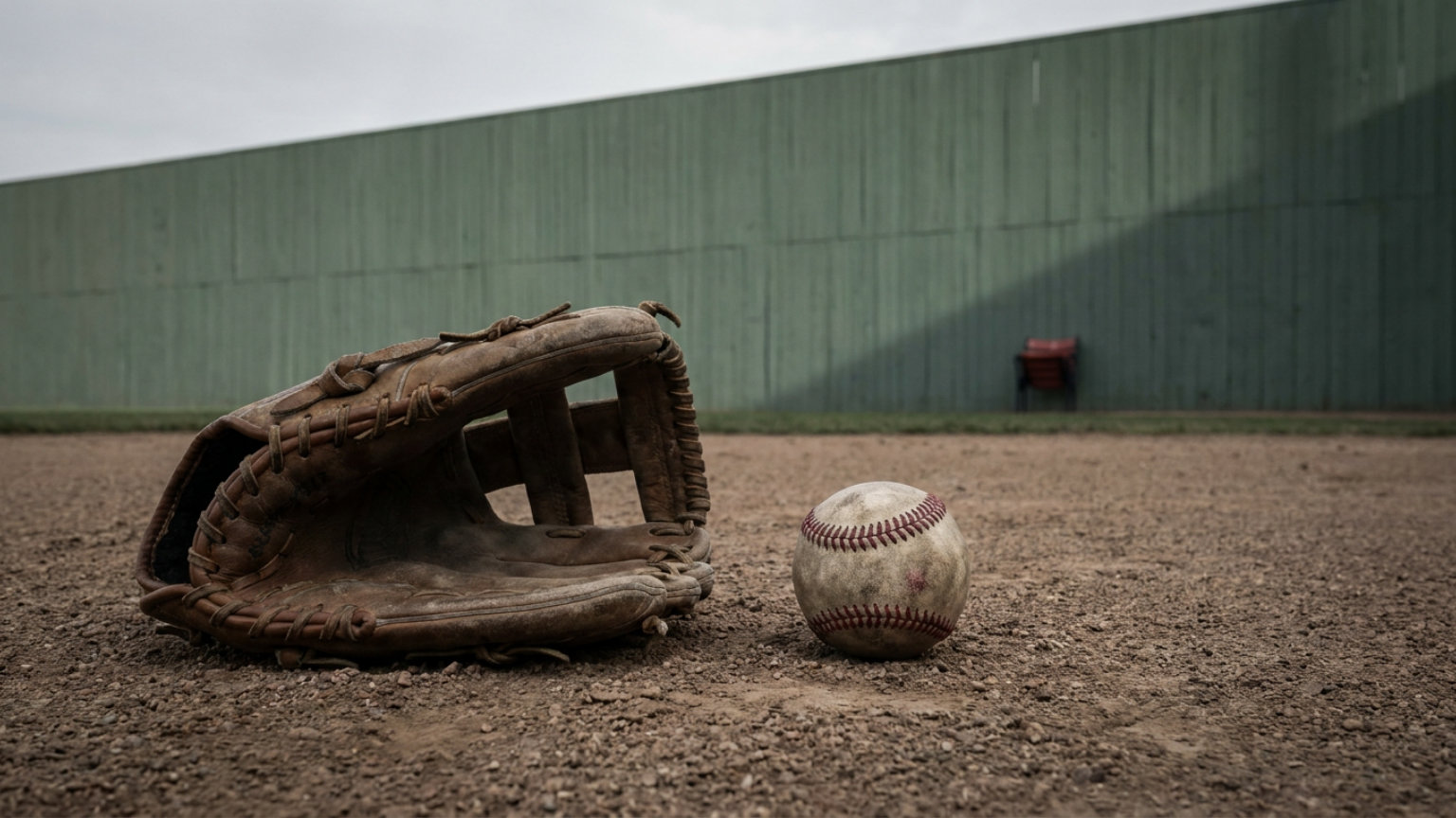 An editorial illustration of a baseball and infield glove against the backdrop of Fenway Park’s green outfield wall, with no people, logos or text.