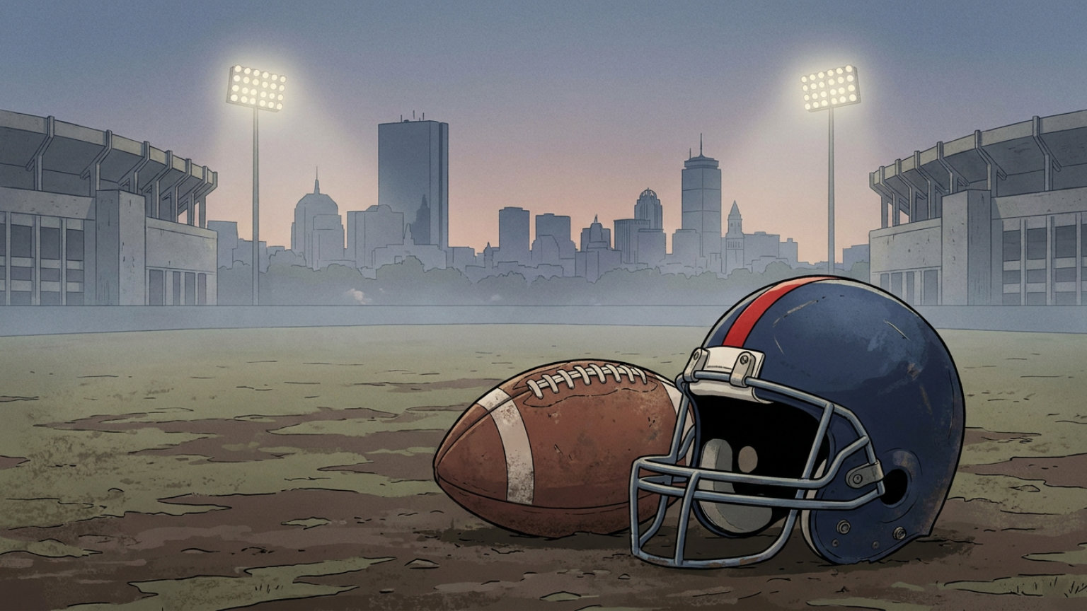 An editorial illustration of a football and helmet on an empty field under stadium lights, with Boston’s skyline in the distance and no people, logos or text.