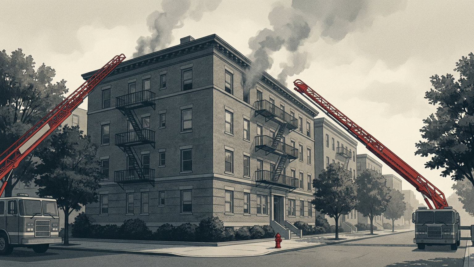 An editorial illustration of a multistory residential building on a Massachusetts street with smoke above the roof and extended fire ladders, without people, logos or text.
