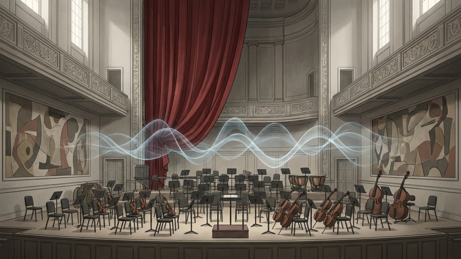 An editorial illustration of an empty Symphony Hall stage with orchestral instruments and abstract electronic sound waves, with no people, logos or text.