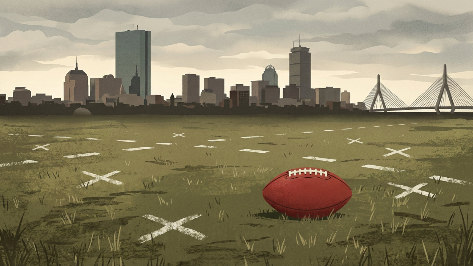 An editorial illustration of a football and defensive play markers on a field with the Boston skyline in the background, without people, logos or text.