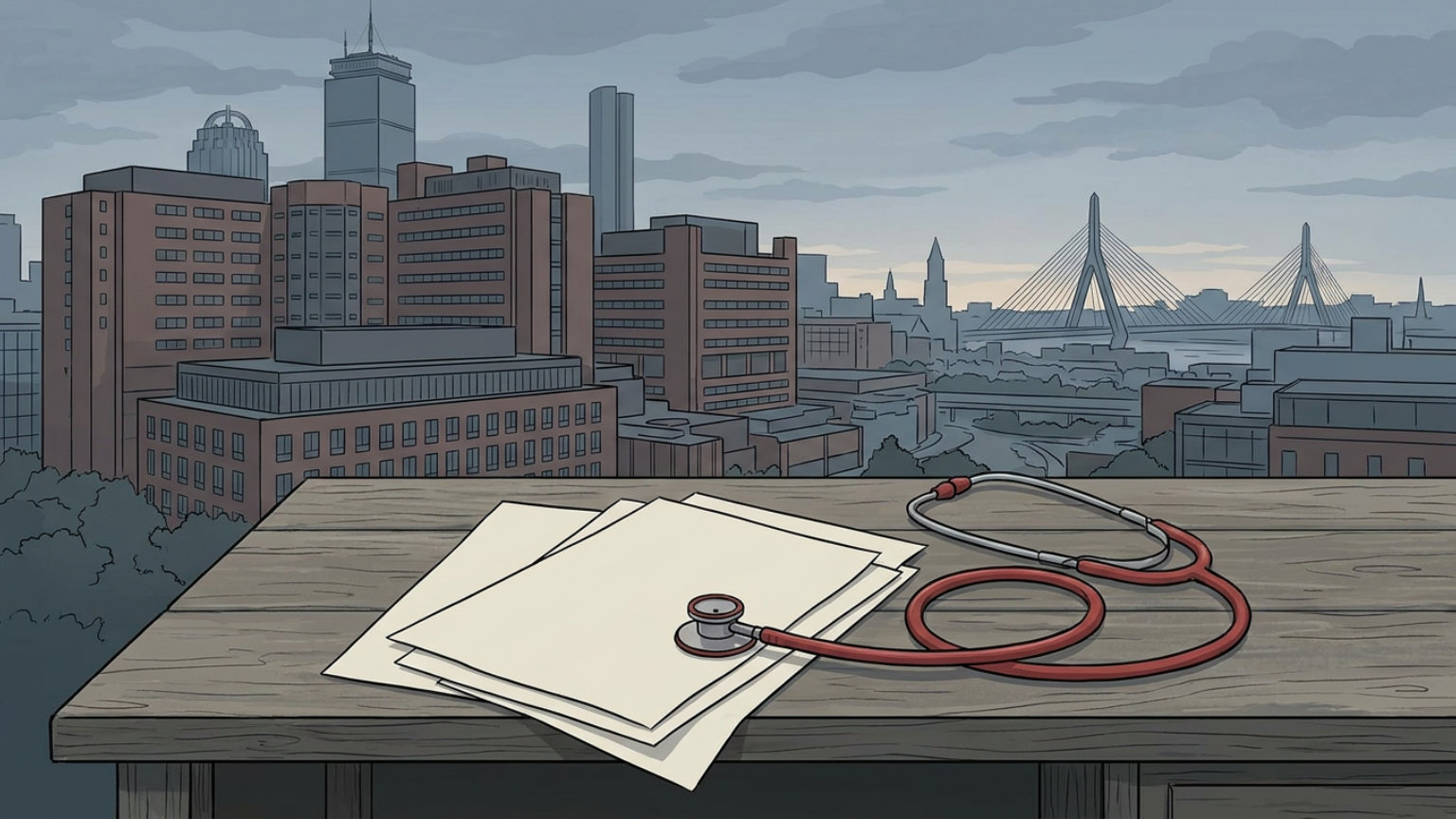 An editorial illustration of Boston hospital buildings against the city skyline, with a stethoscope and blank contract pages in the foreground, without people, logos or text.
