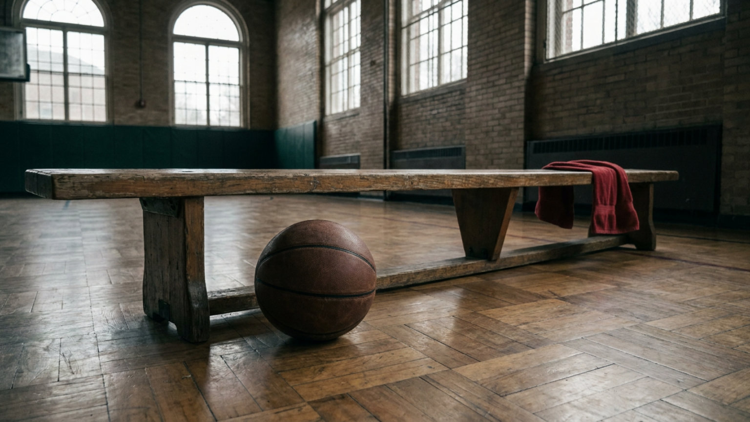 An editorial illustration of a basketball and an empty bench beside a parquet court, with no people, logos or text.