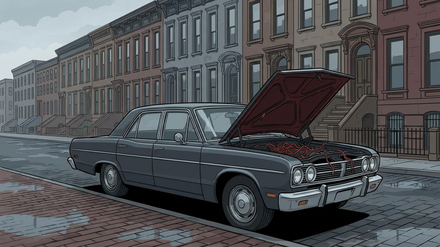 An editorial illustration of a parked car with exposed, frayed engine wiring beside a Back Bay brownstone streetscape, with no people, logos or text.