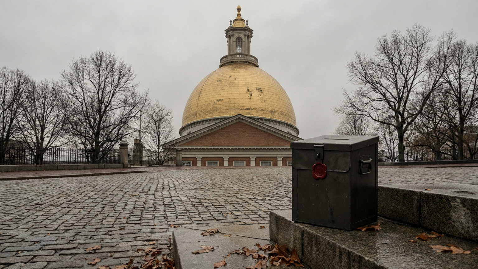 An editorial illustration of the Massachusetts State House dome beside a closed ballot box, with no people, logos or text.