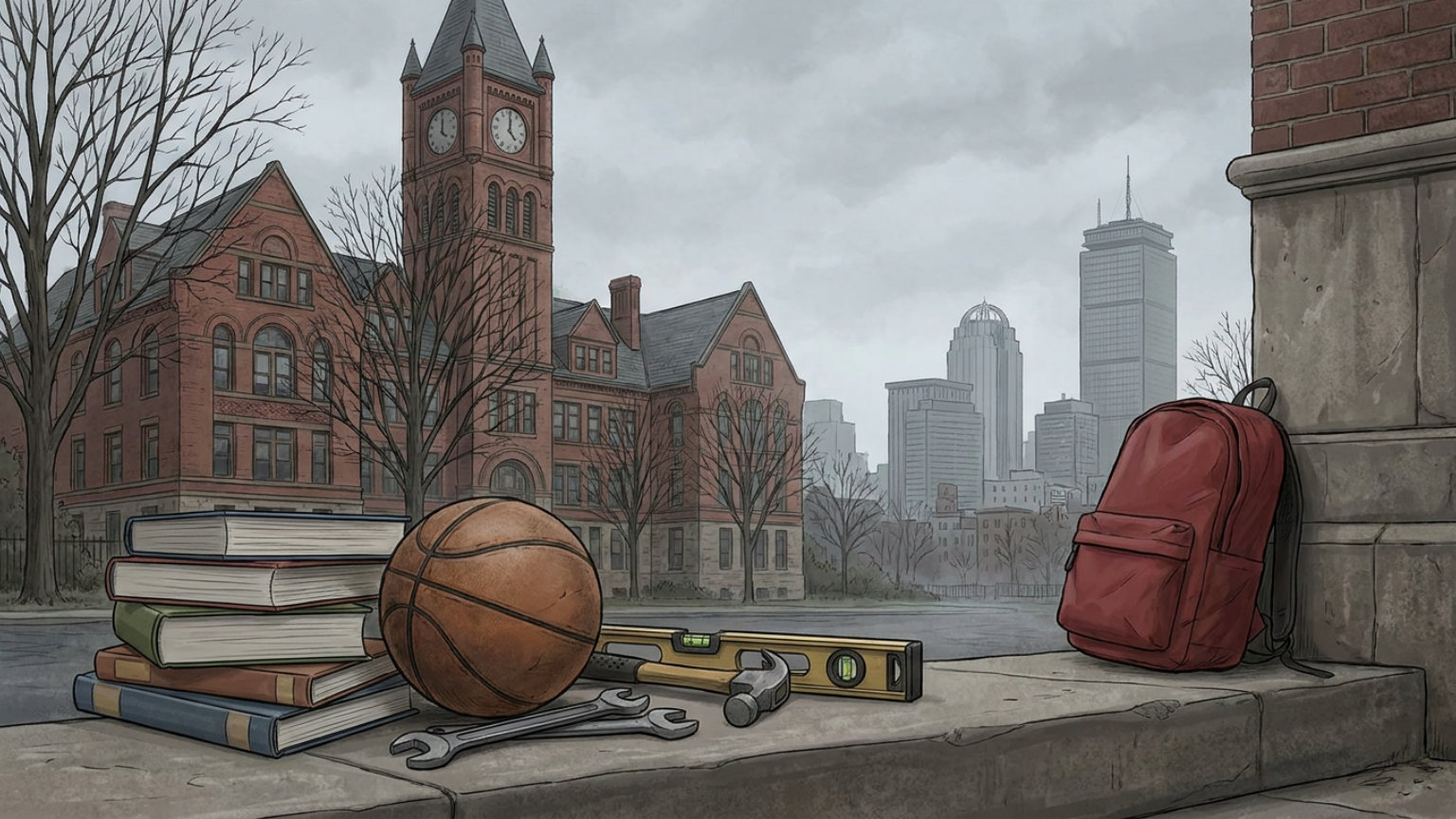 An editorial illustration of a Boston school exterior with the skyline beyond, accompanied by books, a basketball and vocational tools, without people, logos or text.