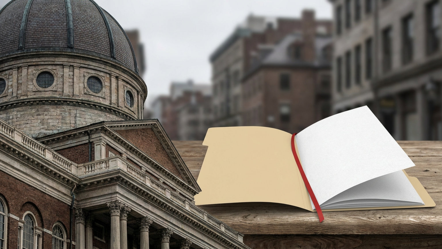 An editorial illustration of the Massachusetts State House beside an open folder of blank documents, with no people, logos or text.