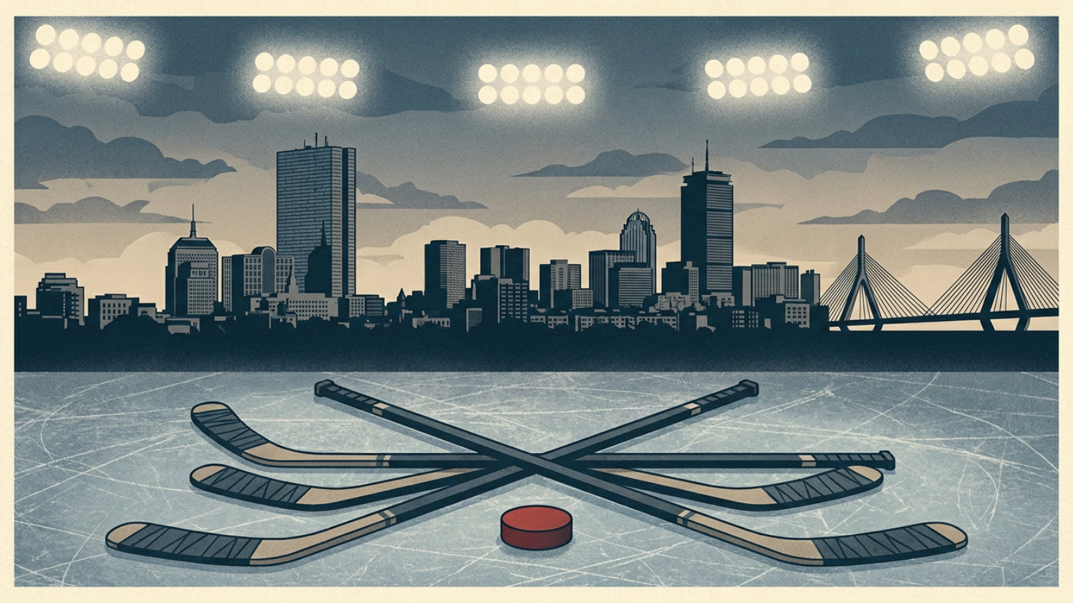 An editorial illustration of hockey sticks and a puck on rink ice beneath arena lights, with Boston’s skyline in the background and no people, logos or text.