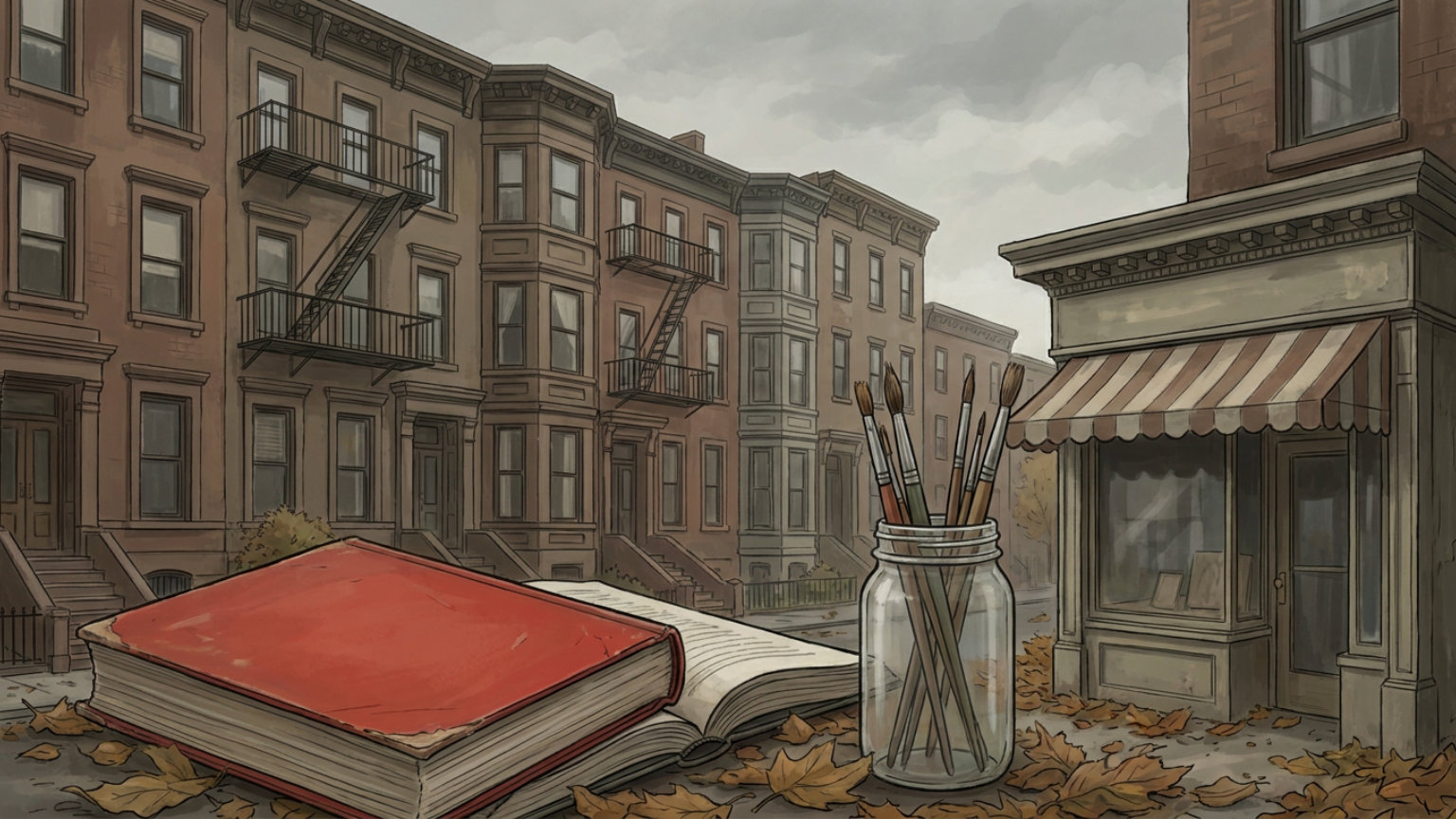 An editorial illustration of Boston neighborhood brownstones with a schoolbook, paintbrushes and a small storefront in the foreground, with no people, logos or text.