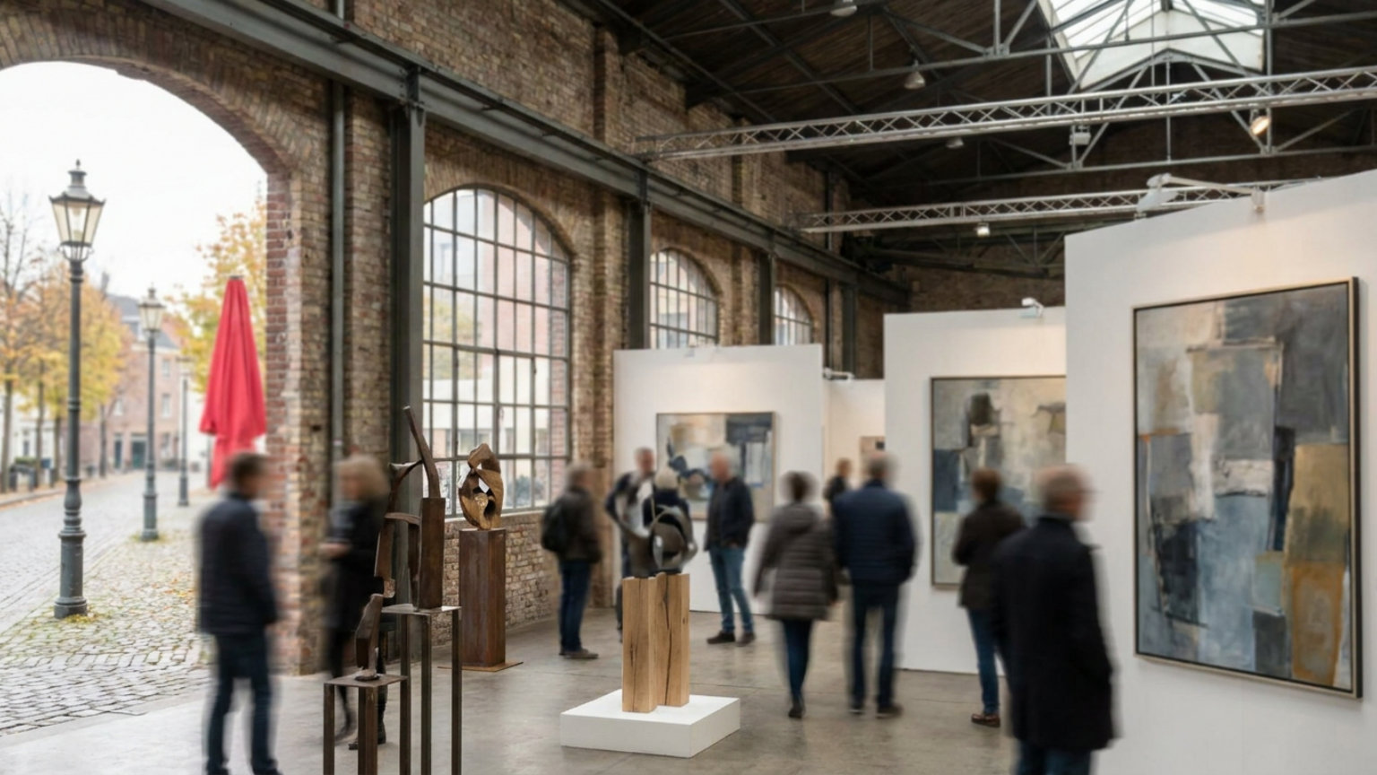 Visitors browse framed paintings and sculptures in a bright, airy industrial exhibition hall with exposed brick and steel beams; abstract, no signs, no lettering, no logos, no recognizable people.