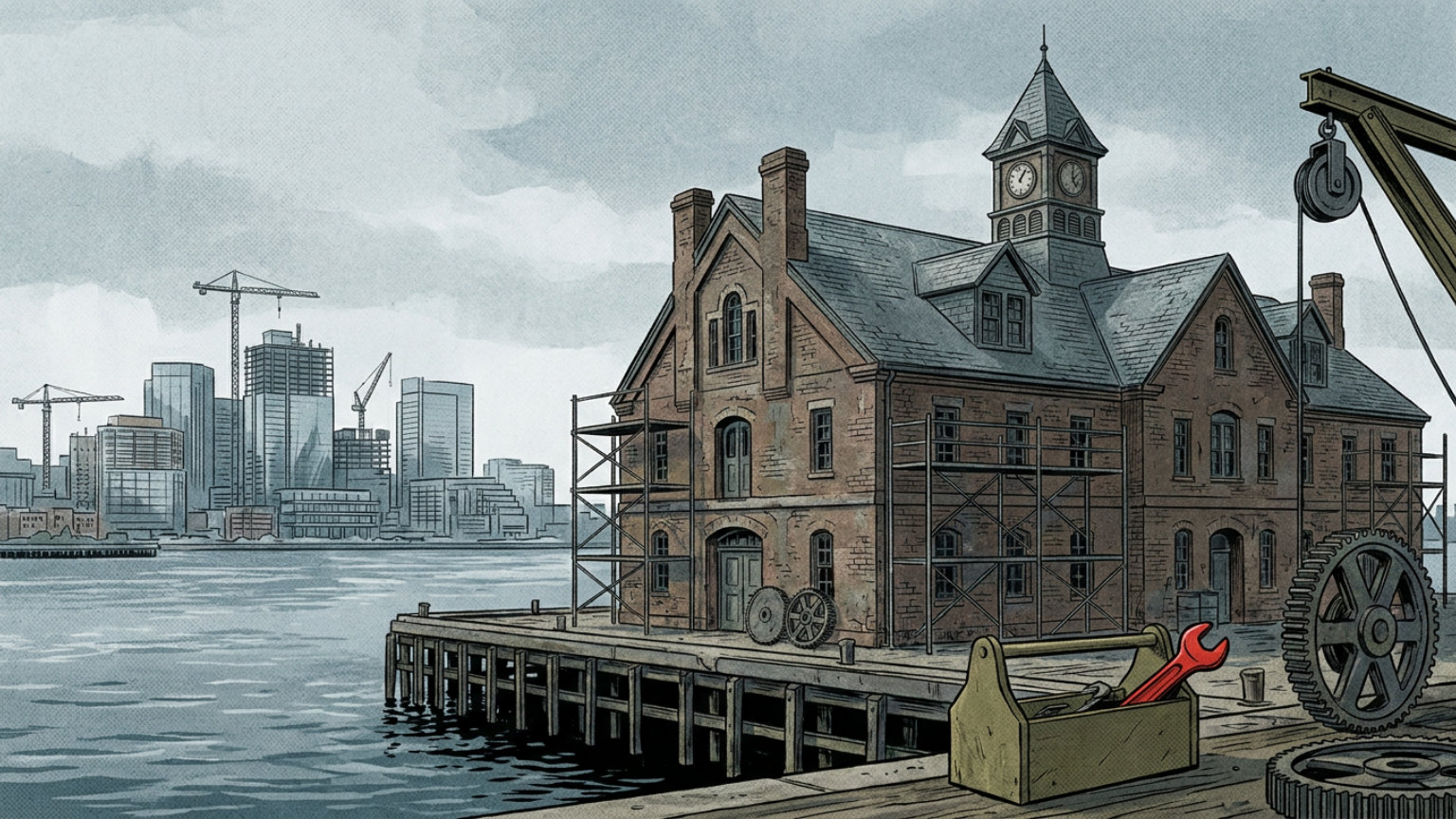 An editorial illustration of the Charlestown Navy Yard waterfront with a historic building and symbolic renovation tools, without people, logos or text.