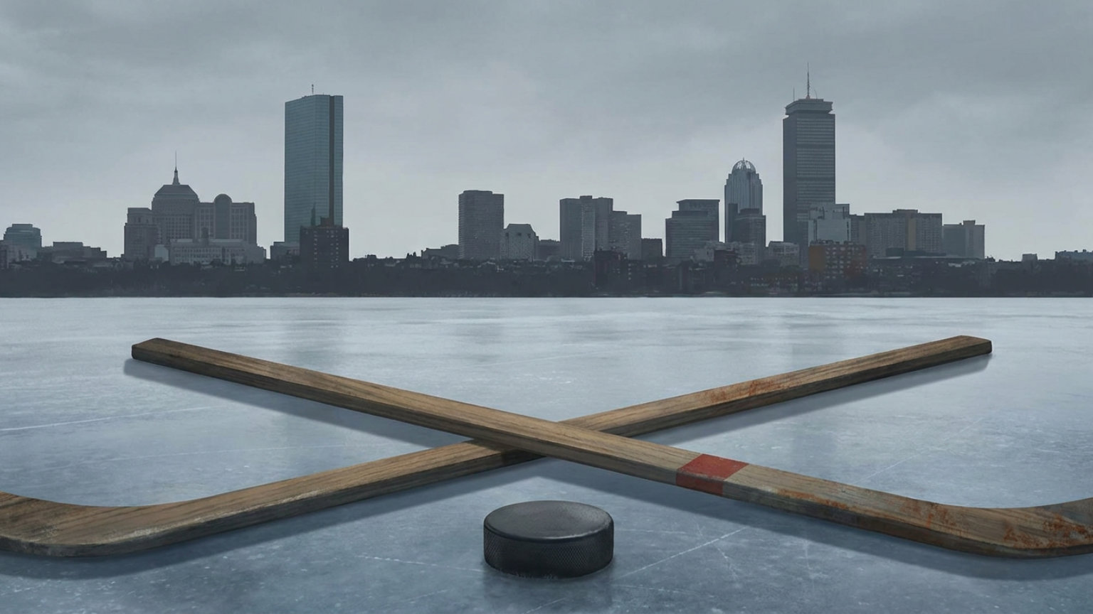 An editorial illustration of a hockey puck and crossed sticks on ice, with Boston’s skyline in the background and no people, logos or text.
