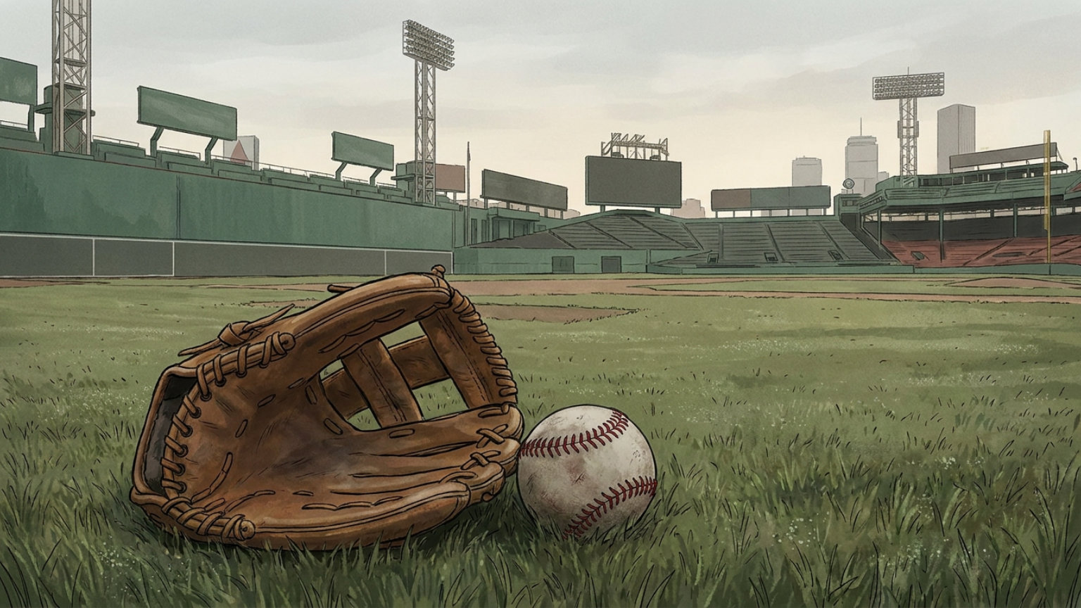 An editorial illustration of an empty Fenway Park outfield with a baseball and glove in the foreground, without people, logos or text.