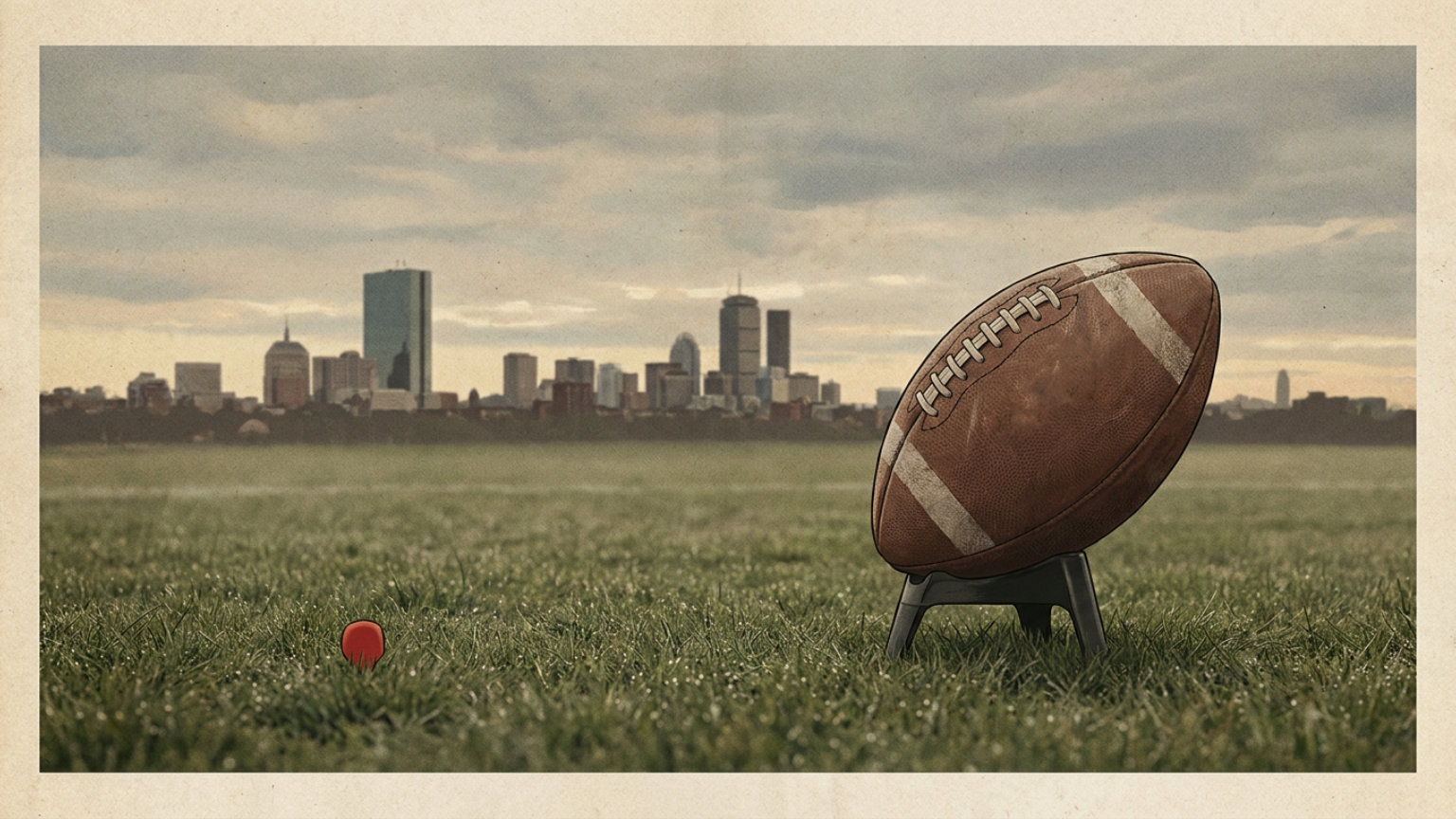 An editorial illustration of a football and kicking tee on an empty field, with a muted Boston skyline in the background and no people, logos or text.