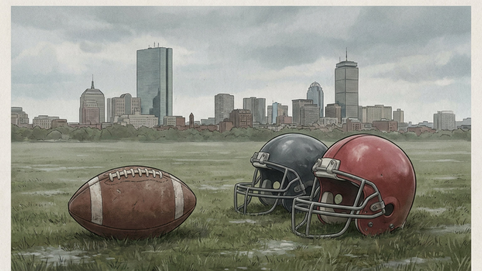 An editorial illustration of a football and two helmets without logos on a field, with the Boston skyline in the background and no people or text.