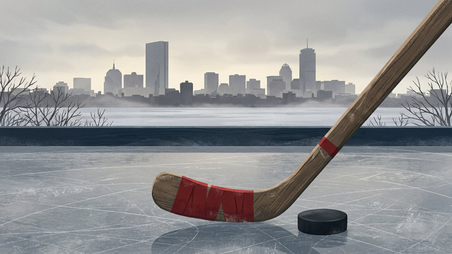 An editorial illustration of a hockey stick and puck on rink ice, with Boston’s skyline in the background and no people, logos or text.