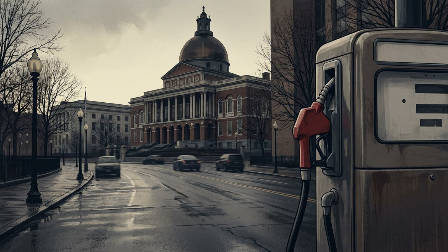 An editorial illustration pairs an unbranded gasoline pump with the Massachusetts State House dome and a Boston roadway, with no people, logos or text.