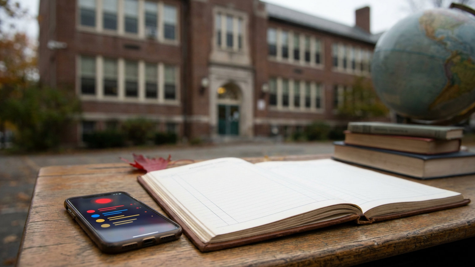 An editorial illustration of a Cambridge school exterior with a blank attendance ledger and a smartphone displaying abstract notification symbols, without people, logos or text.