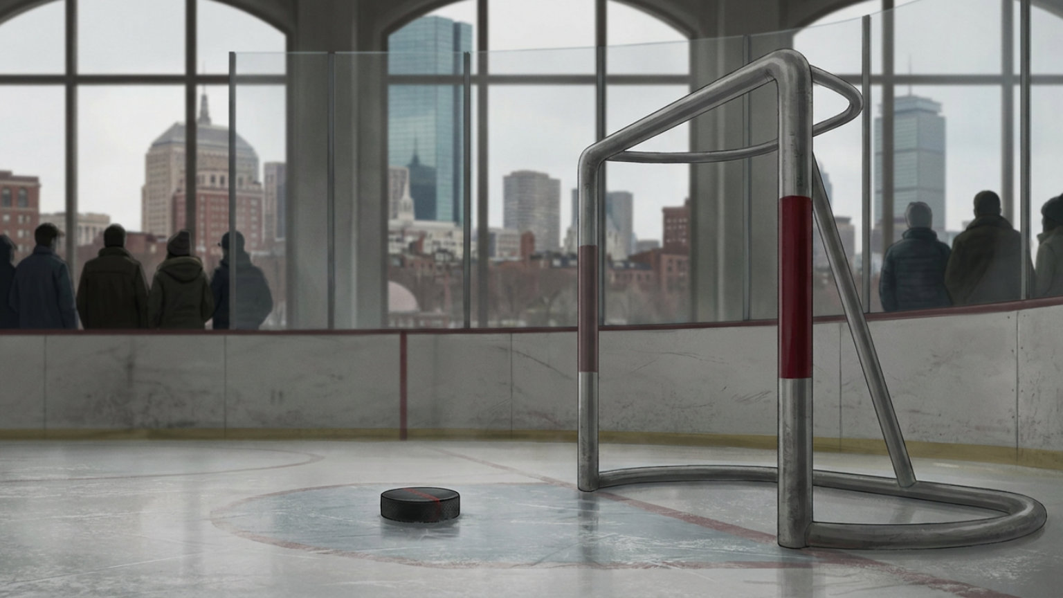 An editorial illustration of a hockey puck beside an empty goal on an indoor rink, with Boston’s skyline suggested in the background and no people, logos or text.