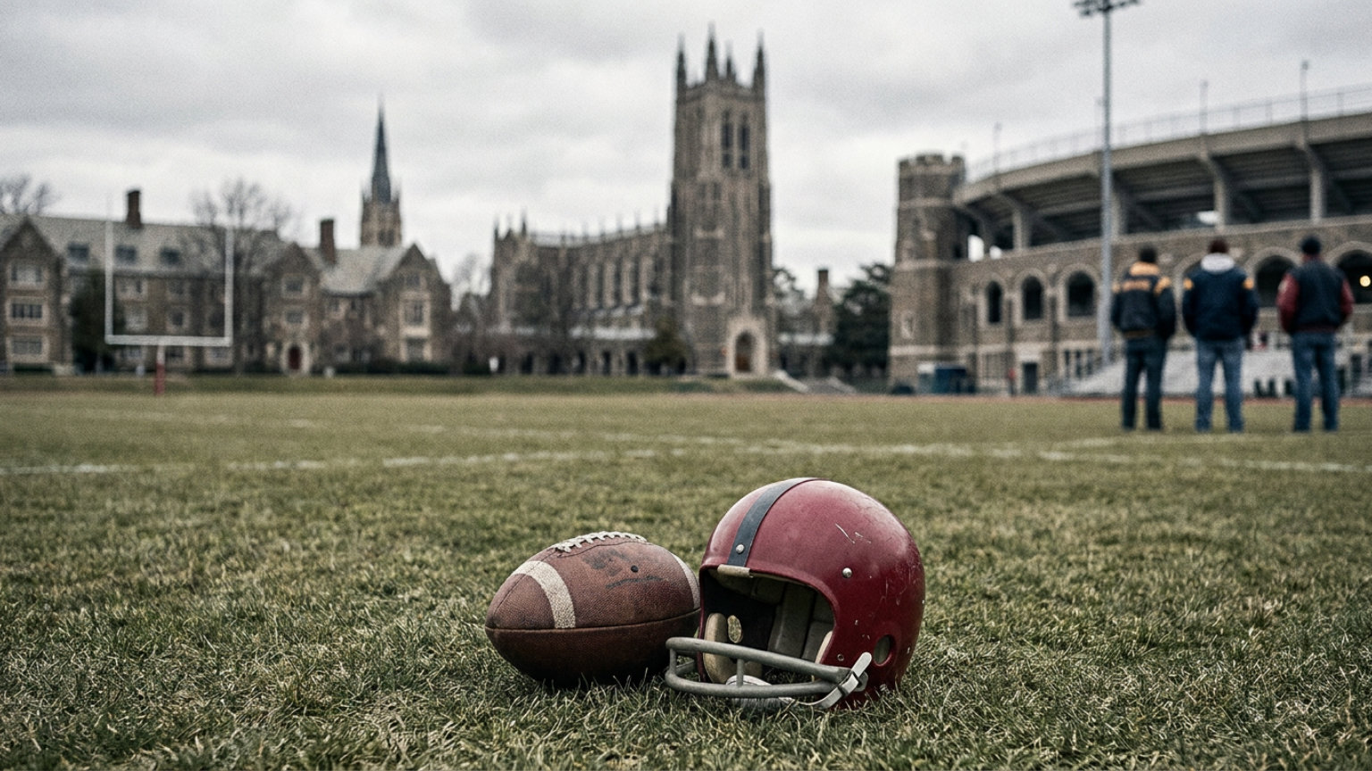 An editorial illustration of a football and helmet on an empty field with Boston College’s Gothic campus architecture in the background, without people, logos or text.
