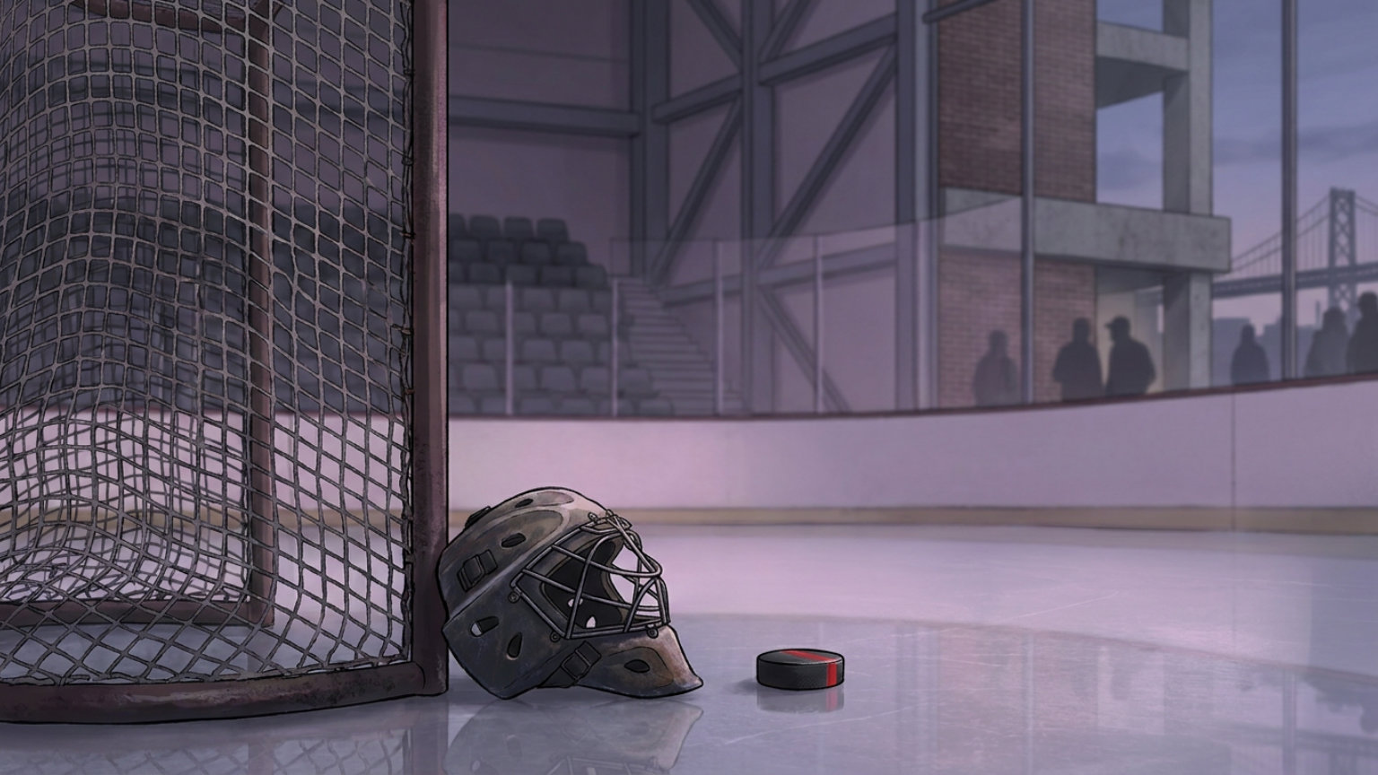 An editorial illustration of an empty hockey net, goalie mask and puck on TD Garden ice, with subtle lavender lighting and no people, logos or text.
