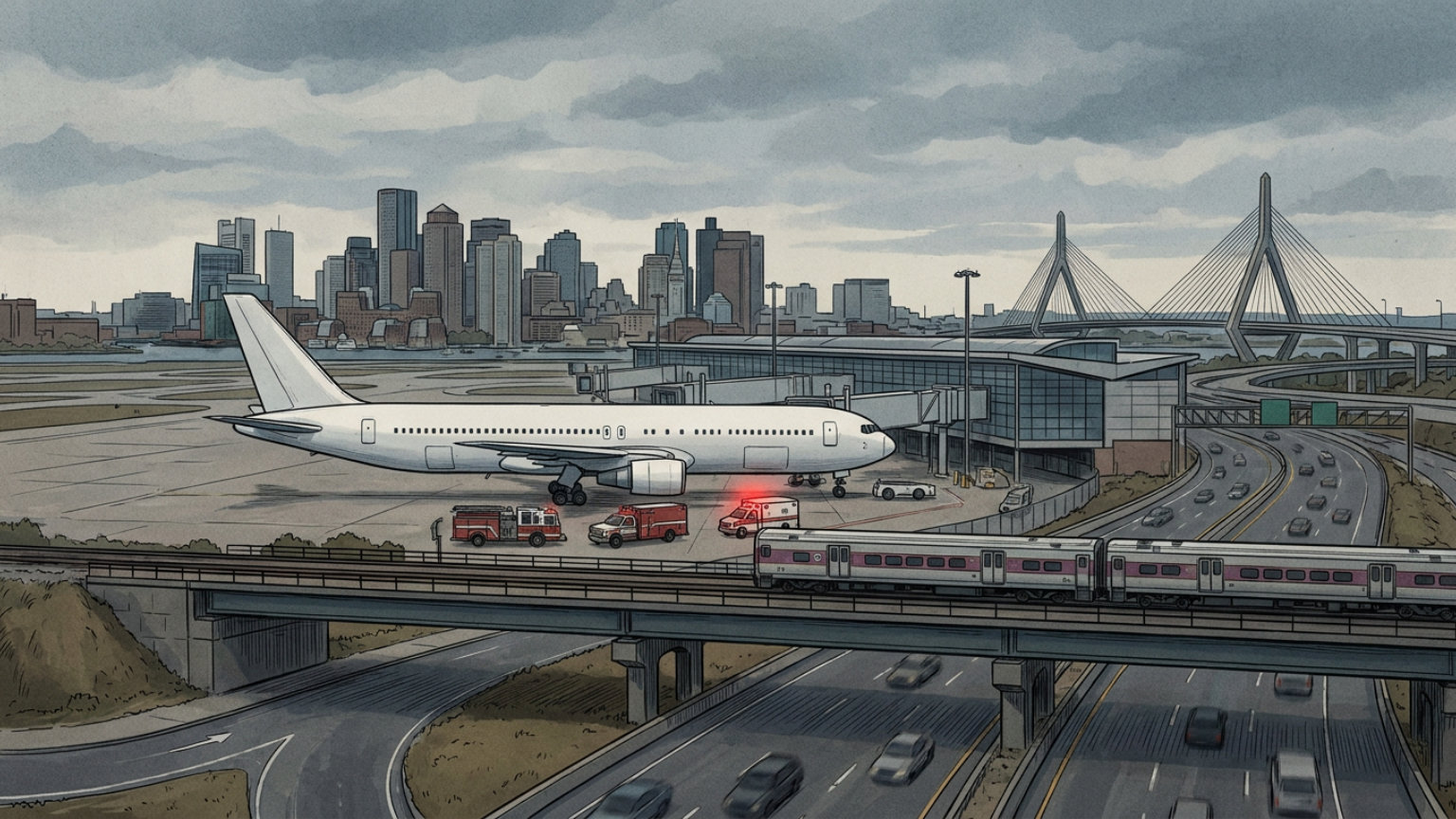 An editorial illustration of an unbranded passenger jet beside a Logan Airport terminal with emergency vehicles nearby, without people, logos or text.