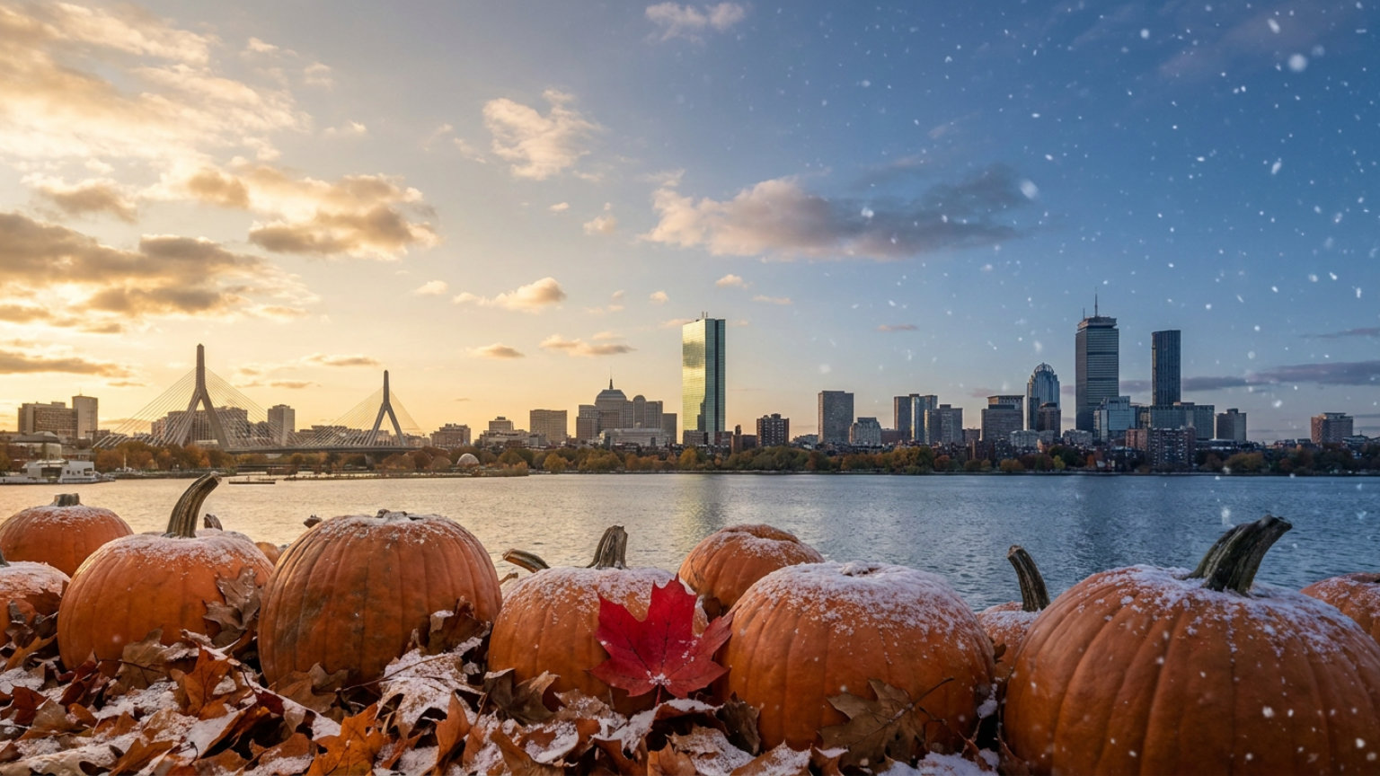 An editorial illustration of the Boston skyline with autumn leaves and uncarved pumpkins in the foreground, shifting from warm sunshine to cool blue tones, with no people, logos or text.