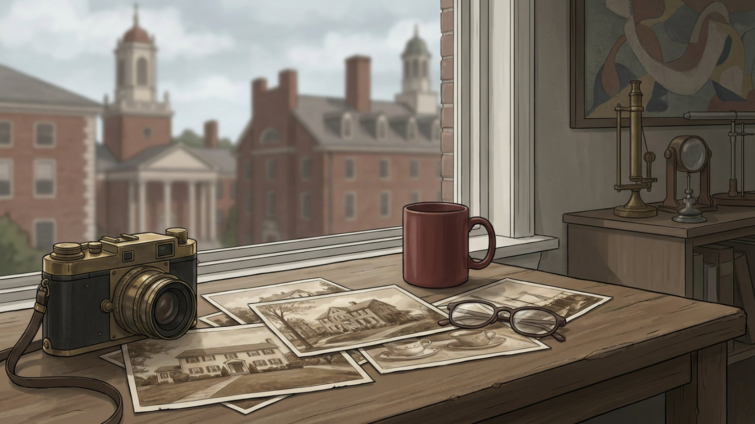 An editorial illustration of vintage photographic prints showing suburban houses and breakfast-table objects arranged beside a camera, with Harvard architecture in the background and no people, logos or text.