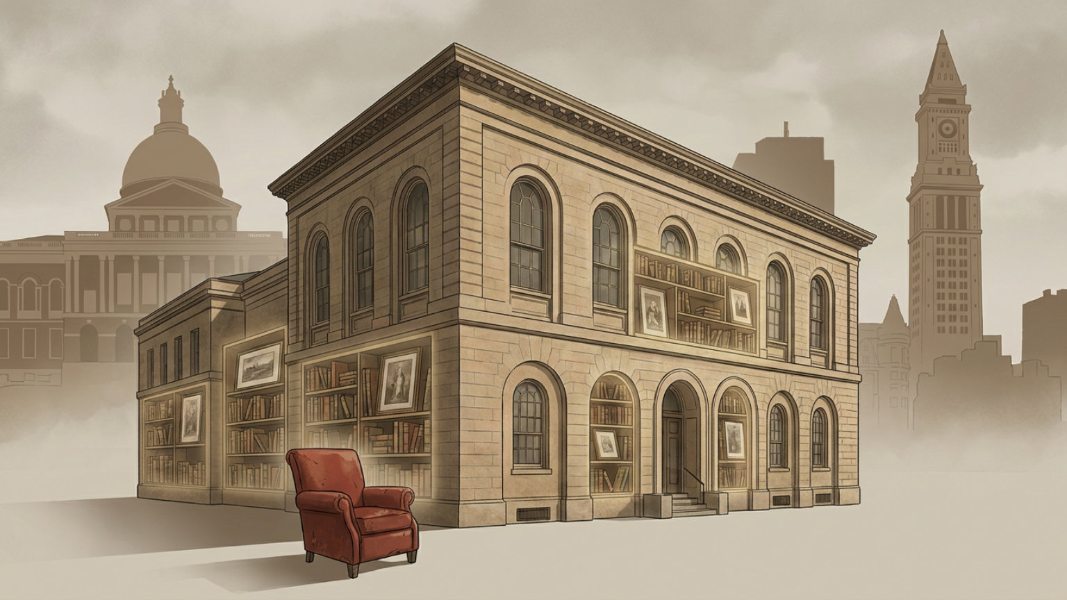 An editorial illustration of the Boston Athenaeum’s sandstone Beacon Street facade with layered bookshelves and framed art, without people, logos or text.
