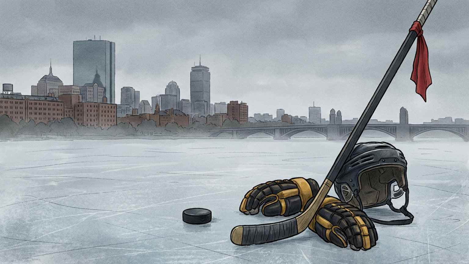 An editorial illustration of a hockey puck beside black-and-gold equipment on an empty ice rink, with the Boston skyline in the background and no people, logos or text.