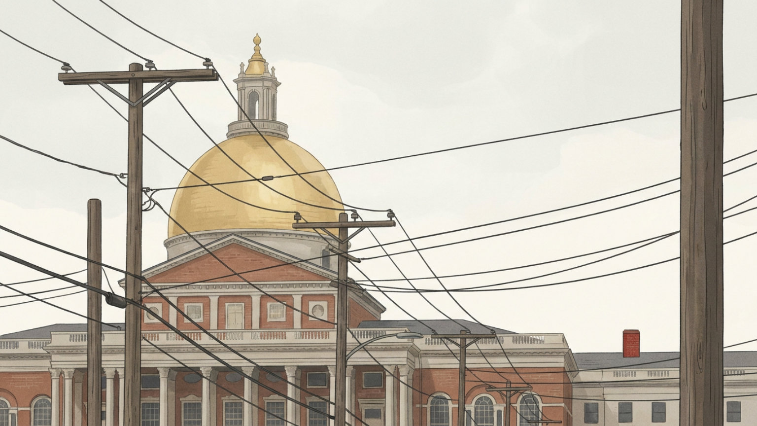 An editorial illustration of the Massachusetts State House with utility poles and electrical wires in the foreground, with no people, logos or text.