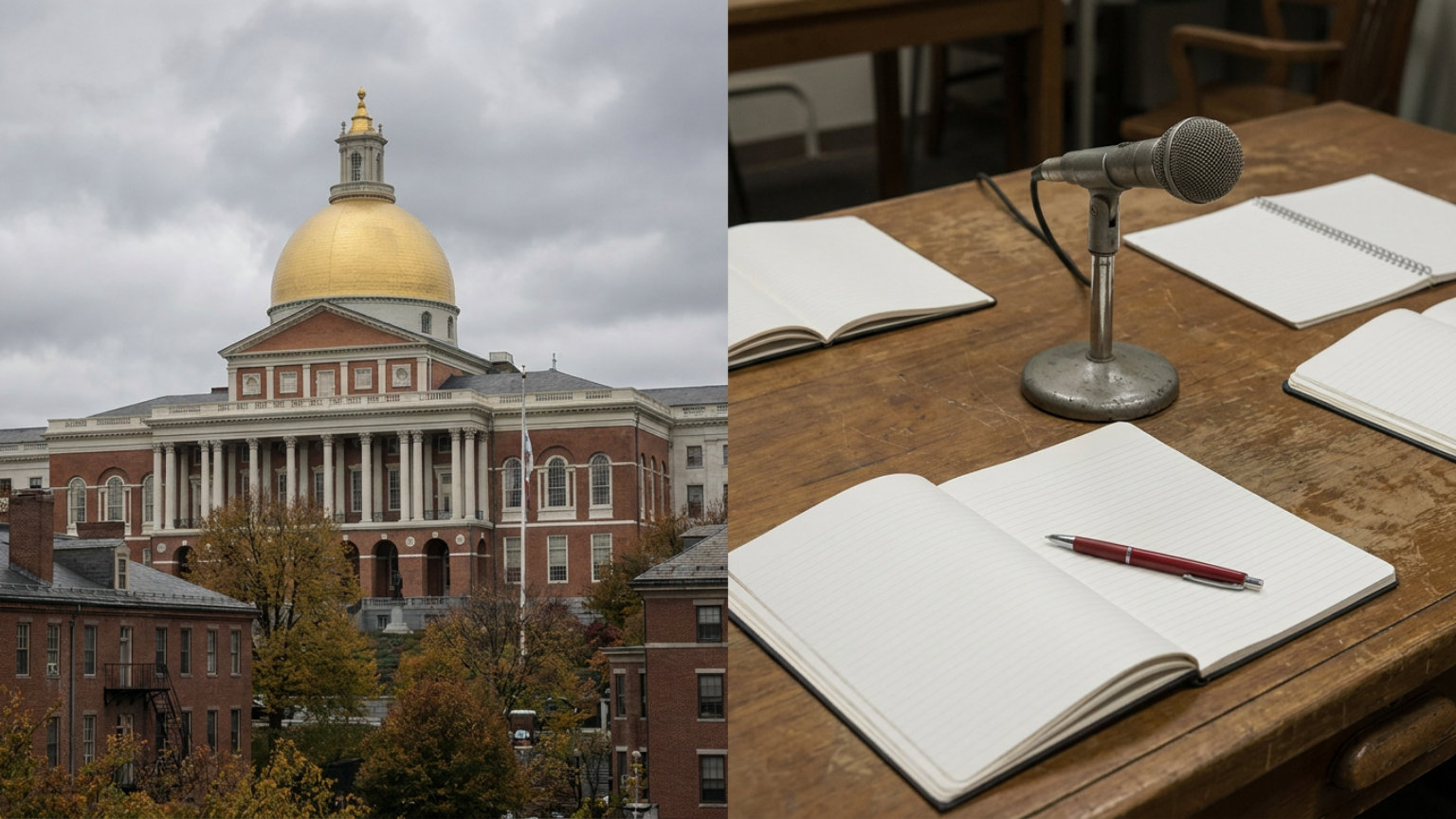 An editorial illustration of the Massachusetts State House beside a press-room desk with blank notebooks and an unmarked microphone, with no people, logos or text.