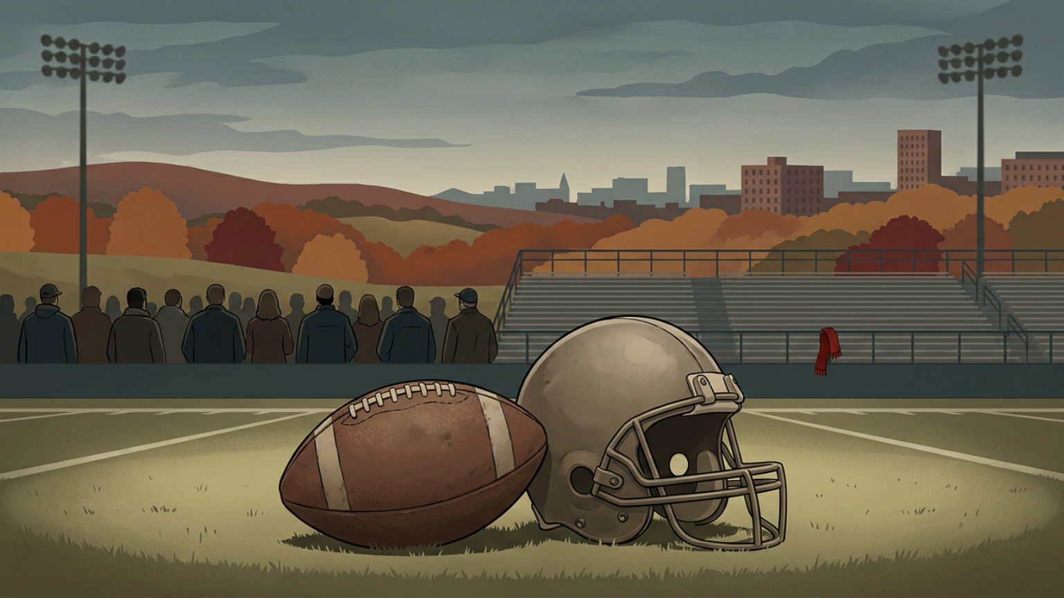 An editorial illustration of a football and helmet without markings on a floodlit Foxborough field, with autumn foliage beyond the stands.