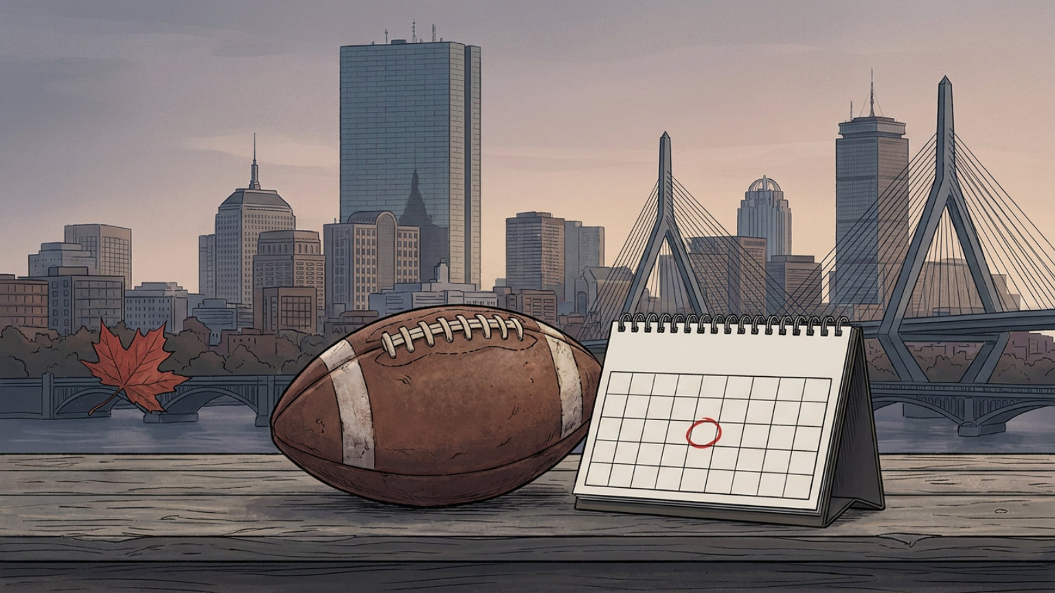An editorial illustration of a football and unmarked calendar against the Boston skyline, with no people, logos or text.